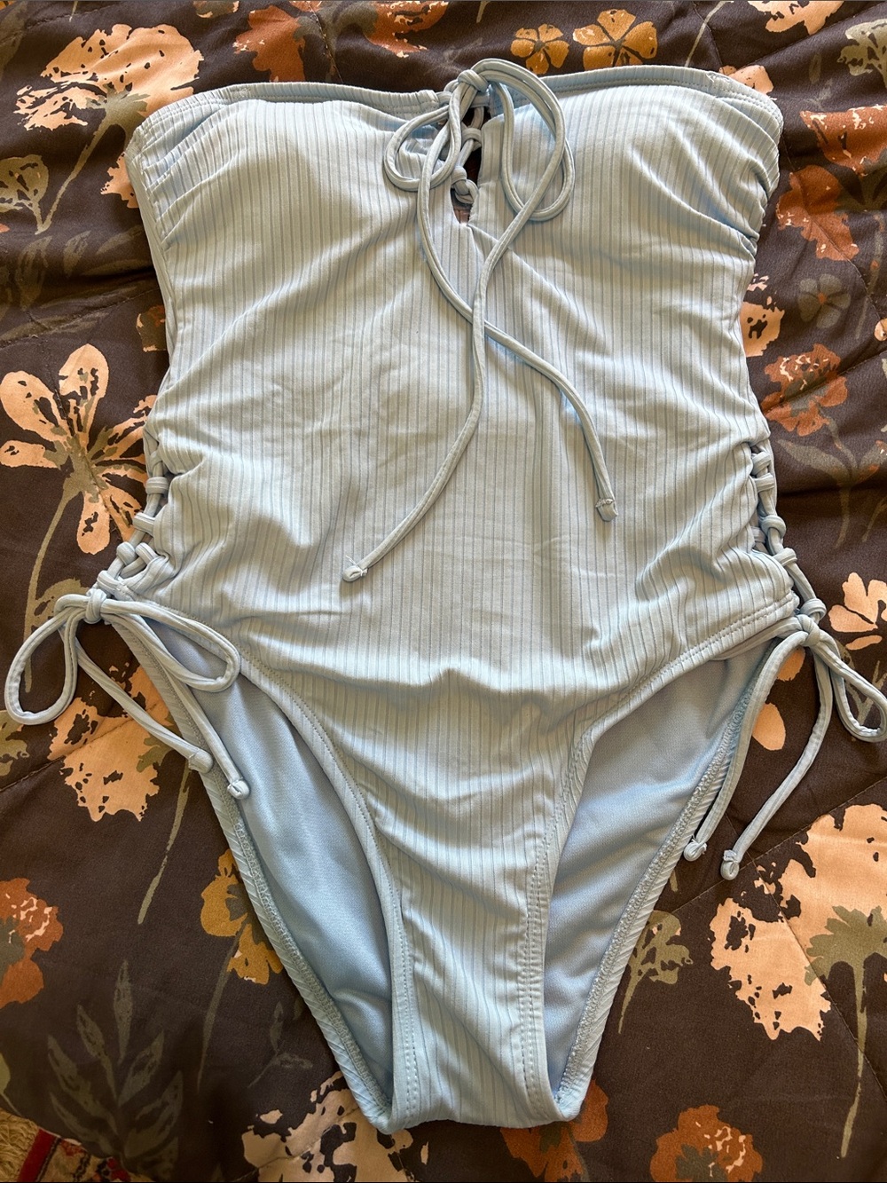 Celebrity Pink Swim-Light Blue Ribbed One-Piece Swimsuit Lace-Up Sides Sz XS 0-2